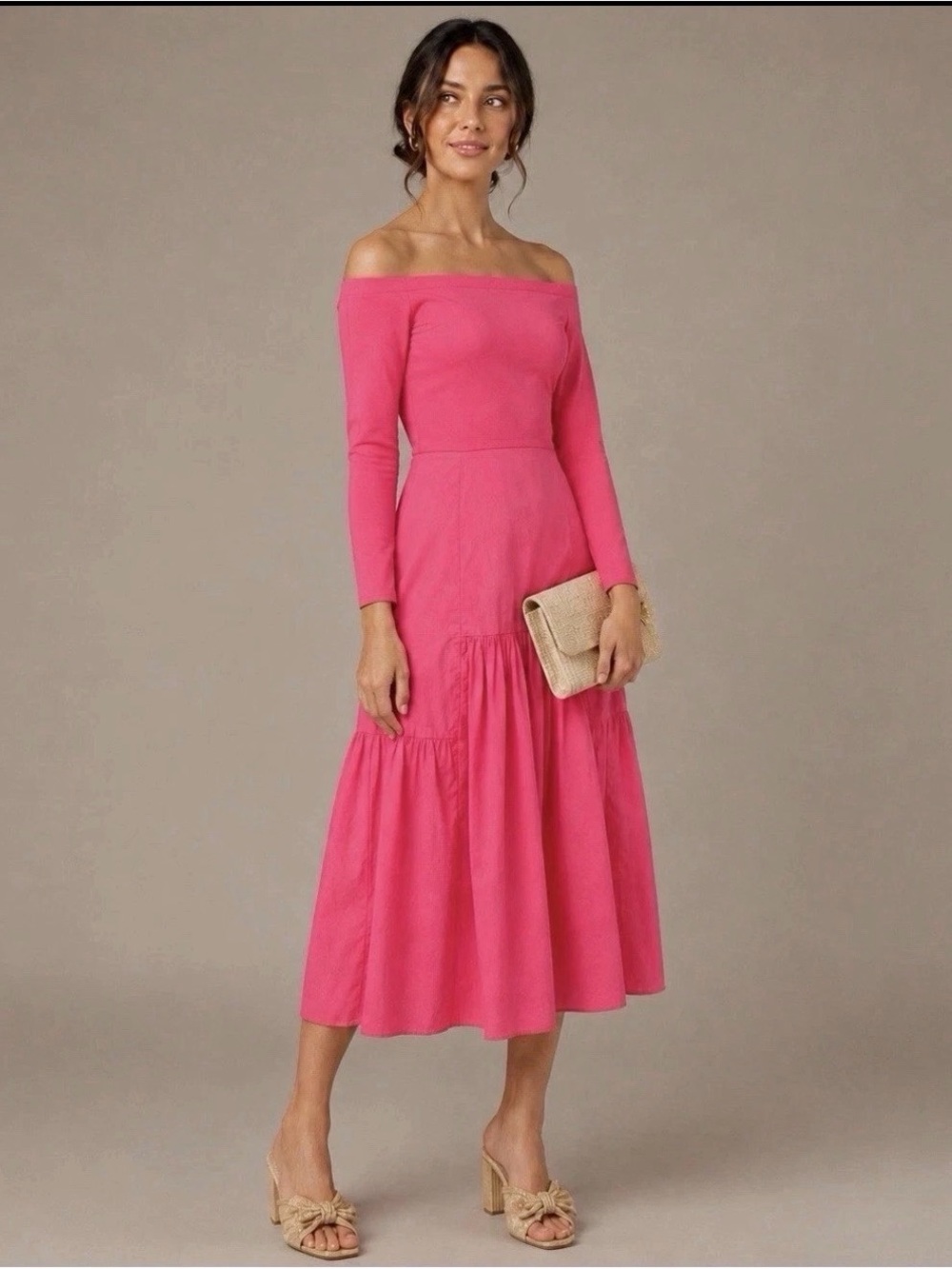 Tuckernuck Marissa Dress Midi Pink Tiered Ruffle Off Shoulder Pockets Preppy S